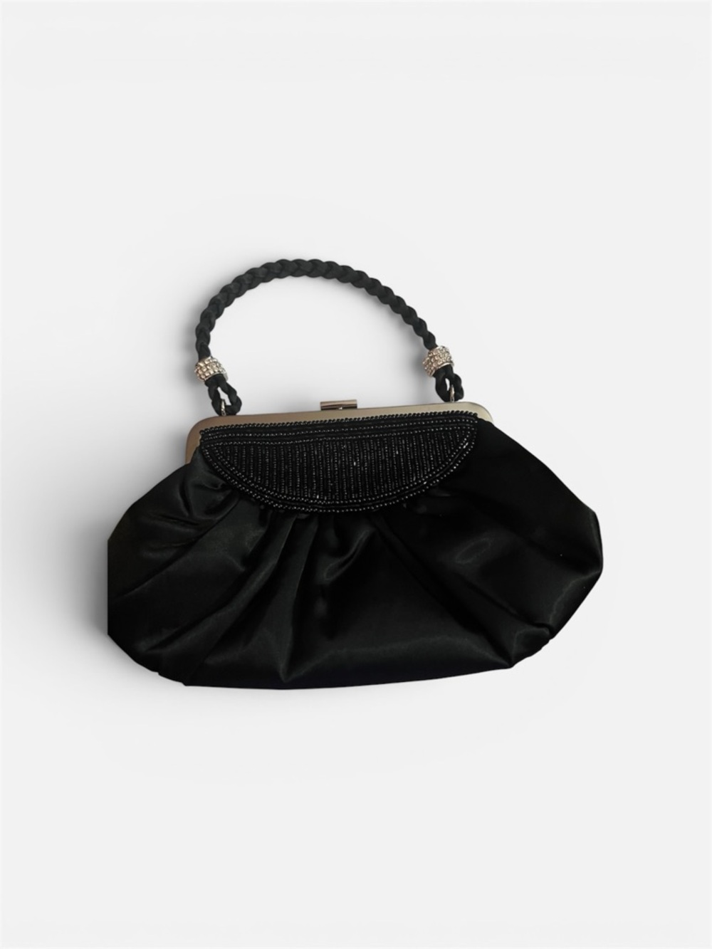 Kate Landry Black Satin Beaded Evening Cocktail Purse Rhinestone Classy Formal